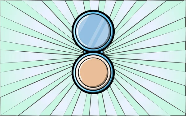추상적 인 푸른 광선을 배경으로 화장 과 미적 지도를 위한 분말 상자가 있는 매혹적 인 거울. 벡터 일러스트 — 스톡 벡터
