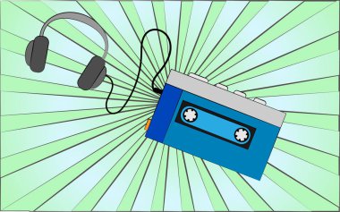 70 'lerden, 80' lerden, 90 'lardan, 2000' lerden kalma kulaklıkları olan antika hipster müzik çalar soyut yeşil ışınların arka planına karşı. Vektör illüstrasyonu