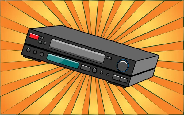 Ретро старый антикварный хипстерский видеомагнитофон 70-х, 80-х, 90-х, 2000-х годов на фоне абстрактных желтых лучей. Векторная иллюстрация — стоковый вектор