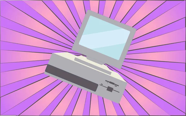 Ancien ordinateur hipster rétro des années 70, 80, 90, 2000 sur fond de rayons violets abstraits. Illustration vectorielle — Image vectorielle