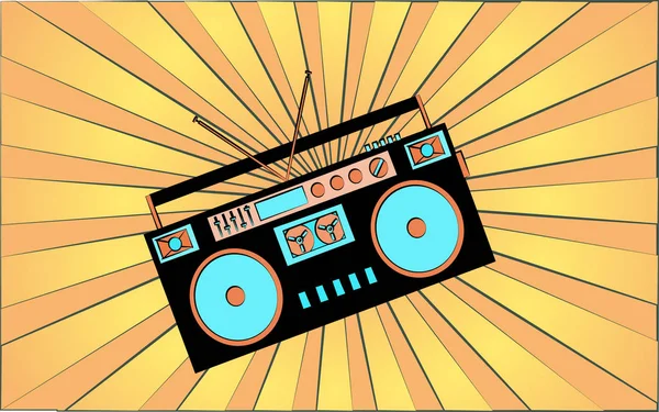 Grabadora de audio de música hipster antigua retro de los años 70, 80, 90, 2000 sobre un fondo de rayos amarillos abstractos. Ilustración vectorial — Archivo Imágenes Vectoriales