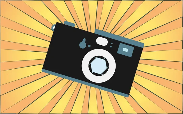 Retro alte antike Hipster-Kamera aus den 70er, 80er, 90er, 2000er Jahren vor einem Hintergrund abstrakter gelber Strahlen. Vektorillustration — Stockvektor