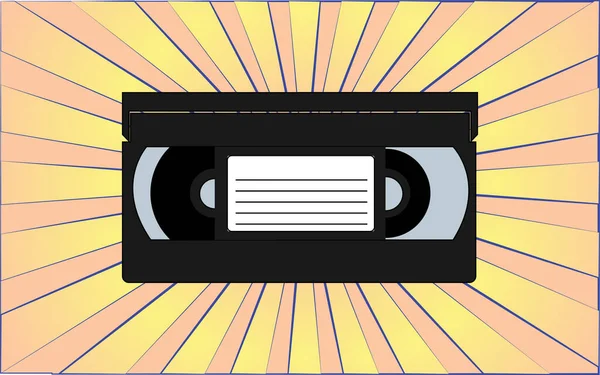 Retro alte antike Videokassette aus den 70er, 80er, 90er, 2000er Jahren vor einem Hintergrund abstrakter gelber Strahlen. Vektorillustration — Stockvektor
