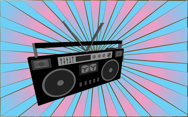 Retro alte antike Musik-Audio-Recorder aus den 70er, 80er, 90er, 2000er Jahren vor einem Hintergrund abstrakter blauer und pinkfarbener Strahlen. Vektorillustration — Stockvektor