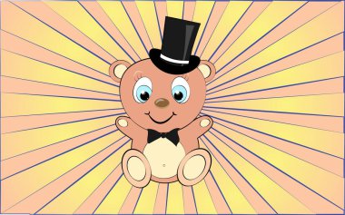 Soyut sarı ışınların arka planında büyük sevimli, güzel, komik, kalın oyuncak ayı çocuk. Vektör illüstrasyonu