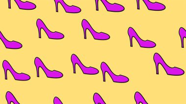 Alışılmadık teatral görüntüler, cadılar bayramı maskesi, balo, disko ve parti için sarı arka planda kusursuz desenli mor topuklu ayakkabılar. Vektör illüstrasyonu