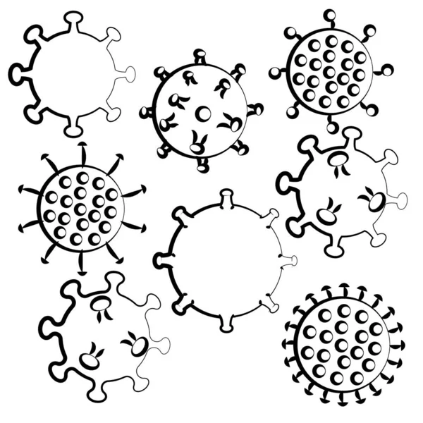 Reeks zwarte en witte iconen van medische virussen microben gevaarlijke dodelijke stam covid 019 coronavirus epidemische pandemische ziekte. Vectorillustratie — Stockvector