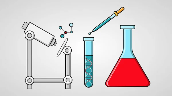 Laboratuvarda mikroskop ve matara kullanarak salgın bir salgın olan Covid-19 mikrop salgınında ölümcül koronavirüslere karşı aşı üzerinde bilimsel çalışmalar yapıldı. — Stok Vektör