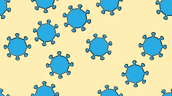 Padrão sem costura sem fim de azul perigoso infeccioso coronavírus respiratório mortal epidemia pandêmica, vírus de micróbios Covid-19 causando pneumonia em um fundo amarelo — Vetor de Stock