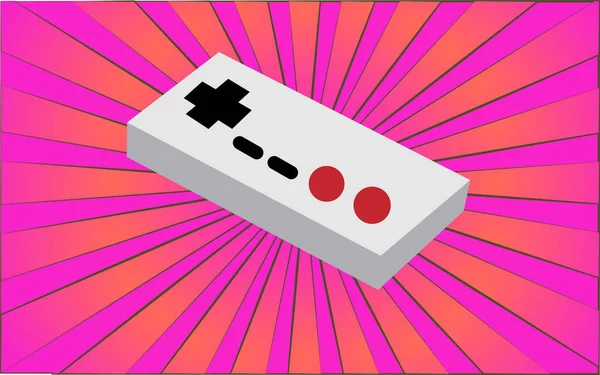 Joystick eletrônico de hipster antigo retrô para console de jogos dos anos 70, 80, 90, 2000 contra um fundo de raios roxos abstratos. Ilustração vetorial — Vetor de Stock