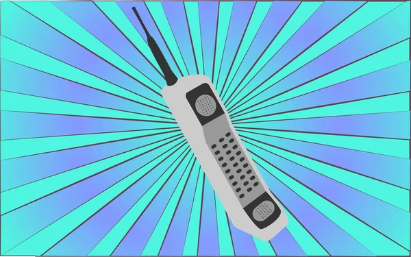 Vecchio telefono cellulare retrò antico hipster con un'antenna degli anni '70,' 80, '90, 2000 su uno sfondo di astratti raggi blu. Illustrazione vettoriale — Vettoriale Stock
