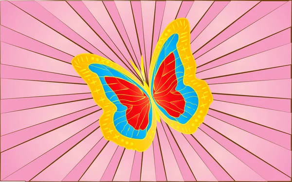 Большая золотая бабочка с крыльями на фоне абстрактных фиолетовых лучей. Векторная иллюстрация — стоковый вектор