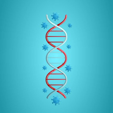 Laboratuvar tıbbı DNA molekülü ve koronavirüs enfeksiyonu hastalığının covid-19 virüs molekülü mavi arka planda.