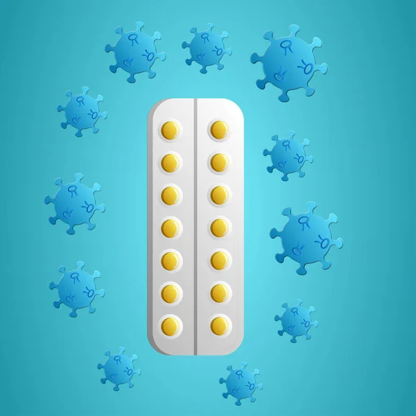 Píldoras médicas medicación amarilla en ampolla y mortal enfermedad de infección por coronavirus peligrosa covid-19 molécula del virus pandémico sobre fondo azul — Archivo Imágenes Vectoriales