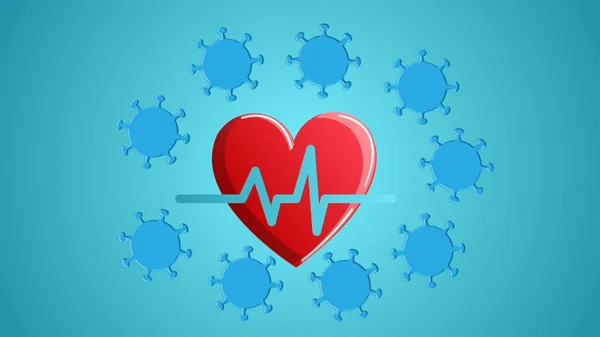 Coração vermelho com um cardiograma de pulso e uma doença mortal perigosa coronavírus infecção covid-19 molécula do vírus pandêmico em um fundo azul —  Vetores de Stock