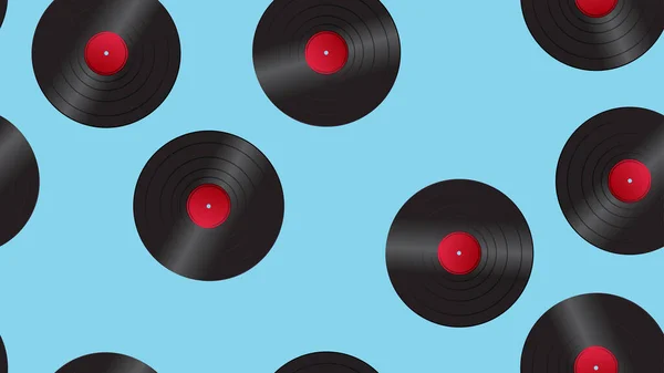 Padrão sem emenda de retro velho hipster discos de vinil de áudio musical dos anos 70, 80, 90, 2000 em um fundo azul —  Vetores de Stock