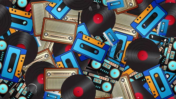 Padrão sem emenda de retro velho hipster música tocadores de cassetes de áudio e gravadores discos de vinil e rádio dos anos 70, 80, 90, 2000, fundo — Vetor de Stock