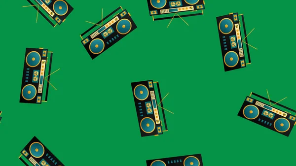 Seamless pattern of retro old hipster music audio tape recorders from the 70s, 80s, 90s, 2000s on a green background — Stock Vector