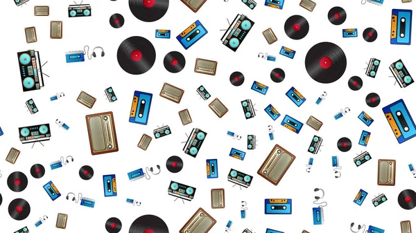 Padrão sem emenda de retro velho hipster música tocadores de cassetes de áudio e gravadores discos de vinil e rádio dos anos 70, 80, 90, 2000 em um fundo branco —  Vetores de Stock