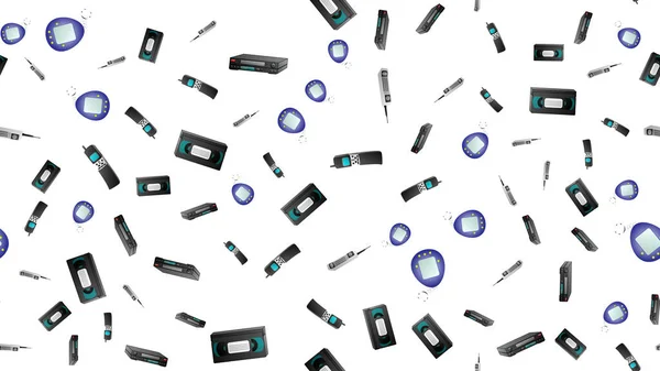 Бесшовный рисунок ретро старые хипстерские электронные устройства технологии компьютеры кассеты магнитофоны мобильных телефонов 70-х, 80-х, 90-х, 2000-х годов на белом фоне — стоковый вектор
