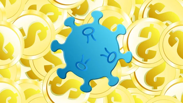 Голубой вирус опасная смертельная эпидемия микробного коронавируса ковид-19 на фоне золотых долларов монет. Векторная иллюстрация — стоковый вектор