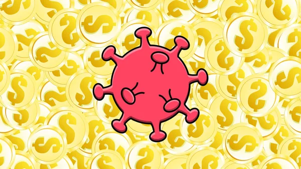 Virus rouge d'une dangereuse pandémie épidémique mortelle du virus Covid-19 du coronavirus microbien sur fond de pièces en dollars d'or. Illustration vectorielle — Image vectorielle