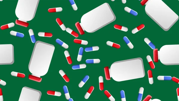 Niekończący się bezszwowy wzór medycznych naukowych przedmiotów medycznych ze słoików farmakologicznych na tabletki i kapsułki z lekami na zielonym tle. Ilustracja wektora — Wektor stockowy