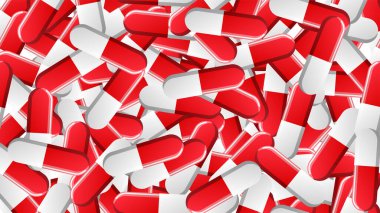 Tıbbi tıbbi malzemelerin, farmakolojik tabletlerin ve ilaçların, beyaz arka planda ilaç kapsüllerinin sonu gelmez kalıpları. Vektör illüstrasyonu