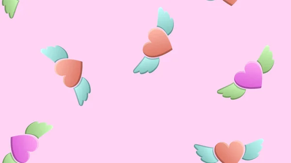 Ατελείωτο μοτίβο όμορφης γιορτινής αγάπης χαρούμενες καρδιές με φτερά αγγέλου σε ροζ φόντο. Εικονογράφηση διανύσματος — Διανυσματικό Αρχείο