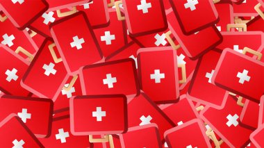 Kırmızı arka plandaki ilk yardım eczanelerinin tıbbî malzemelerinin sınırsız örnekleri. Vektör illüstrasyonu