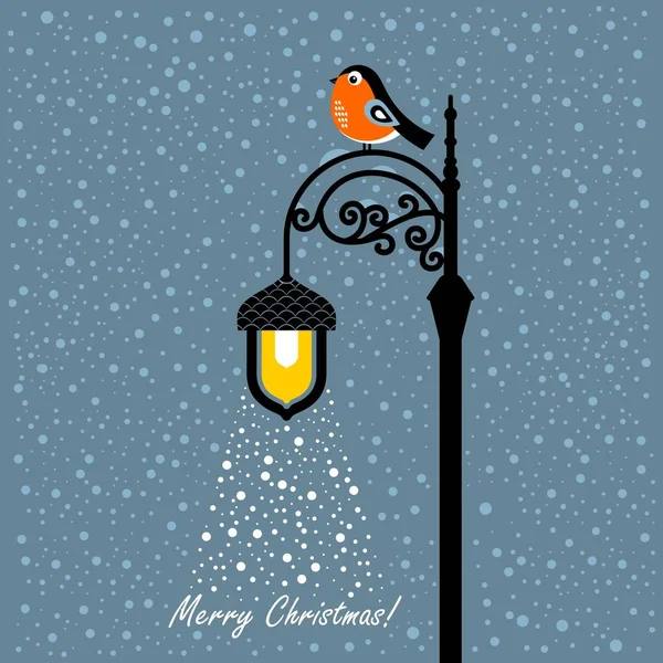 Christmas card with bullfinch and lantern. Vector illustration — Stock Vector