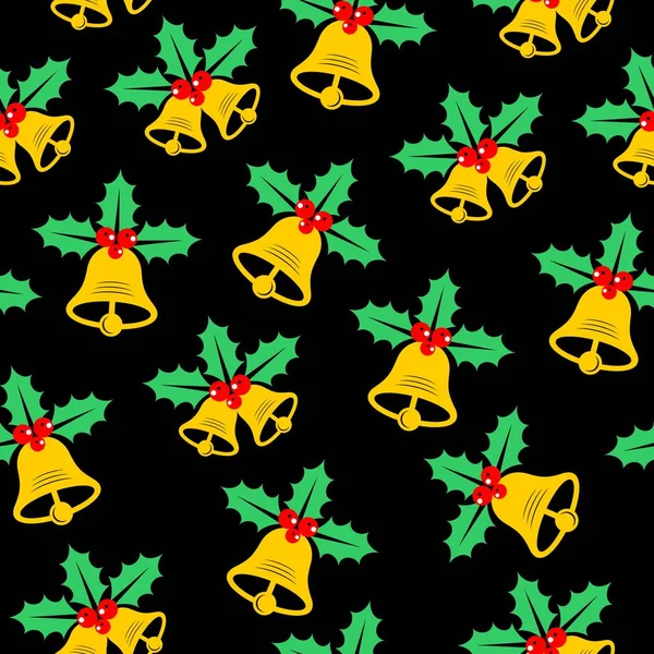 Sömlös jul mönster med bell och Hollyn svart bakgrund — Stock vektor