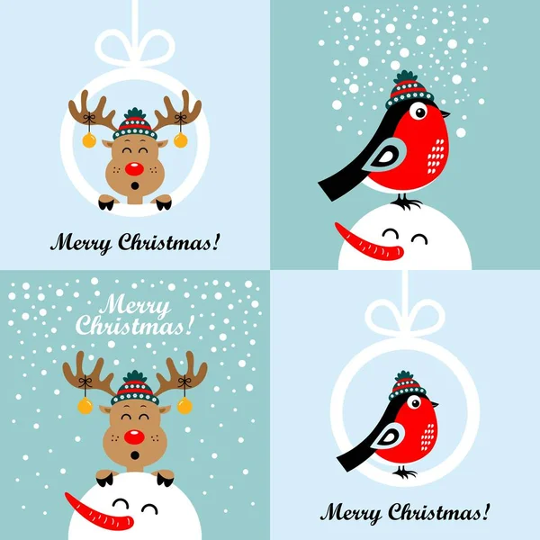 Weihnachtskarten mit Cartoon-Hirschen und Gimpeln. Vektor — Stockvektor