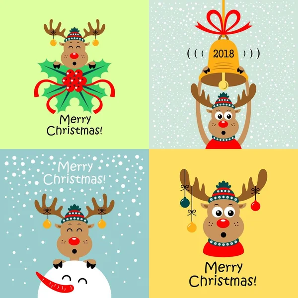 Tarjeta de Navidad con venado de dibujos animados. Vector — Vector de stock