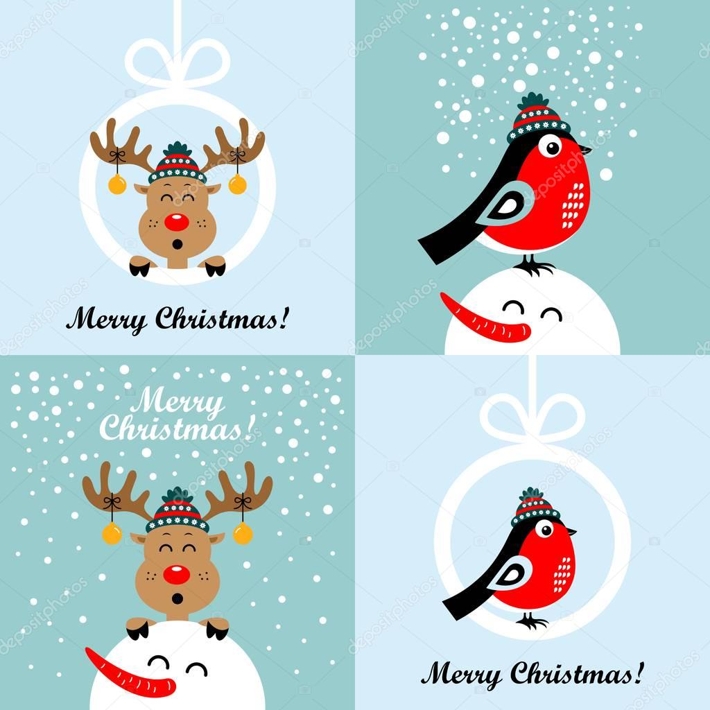 Christmas cards with cartoon deer and bullfinches. Vector