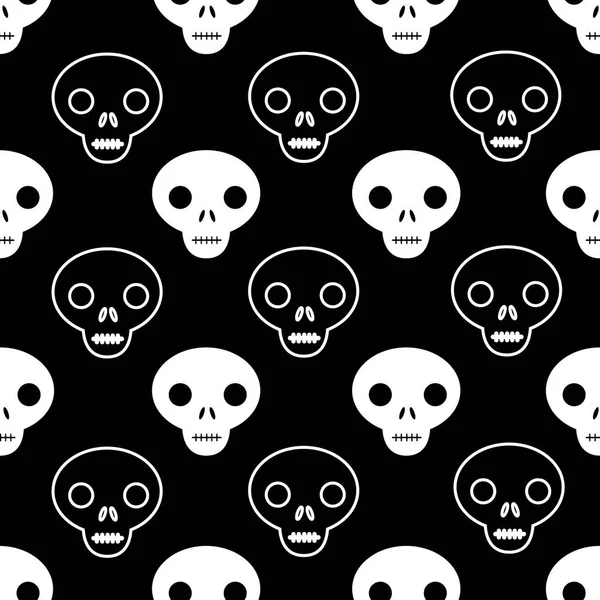 Skull Outline Seamless Pattern White Black Background — Stock Vector