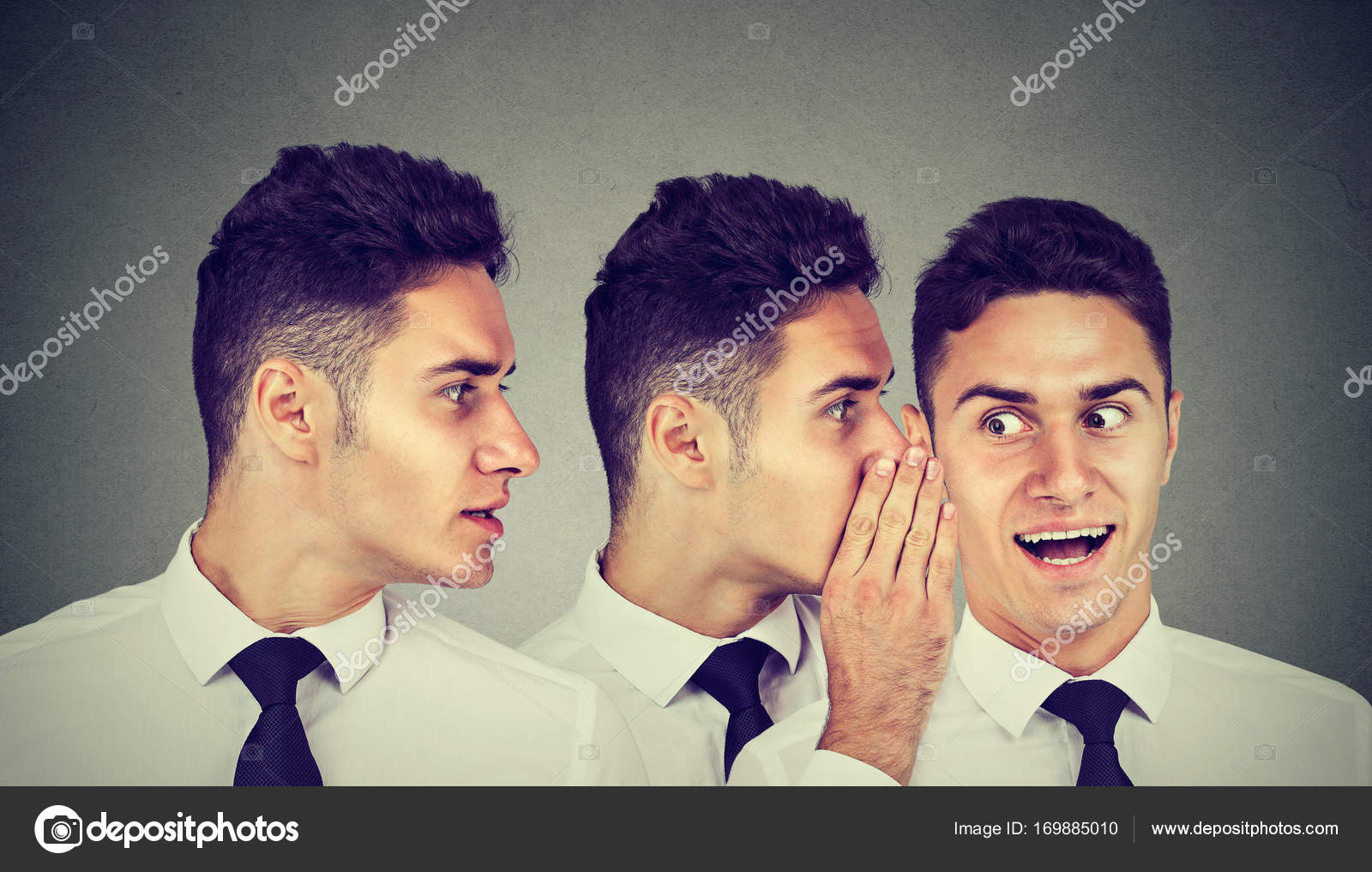 Two young men whispering each other and to astonished guy in the ear Two young men whispering each other and to astonished guy in the ear