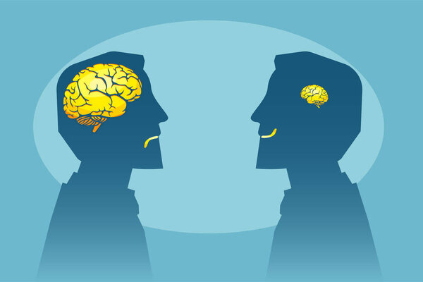 Vector of two man with different brain sizes looking at each other 