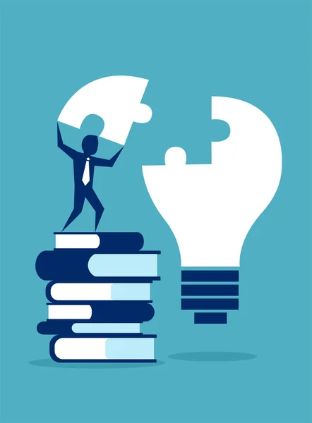 Successful business man or student standing on pile of books completing light bulb puzzle — Stock Vector