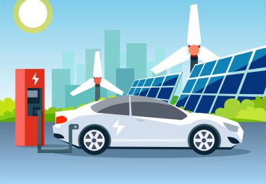 Rüzgar türbinleri ve güneş panelleri önünde istasyonundaki şarj beyaz bir elektrikli araba düz vektör. 