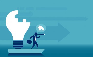 Liderlik ve vizyoner becerileri kavramı. Ampul bulmaca zihninde doğru yön gösteren tamamladıktan bir iş adamı vektör   