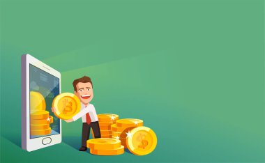 Düz Kripto para birimi teknoloji, bitcoin Satım, modern tasarım mobil bankacılık. Akıllı telefon bitcoins ve dolar dışarı çekerek işadamı