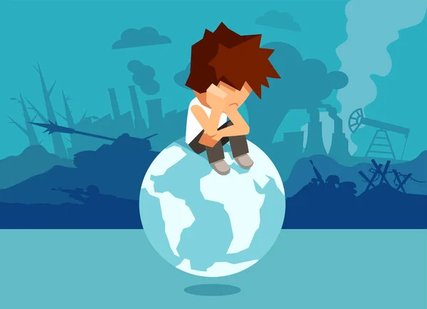 Sad man on globe with bad environment — Stock Vector