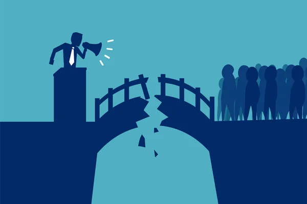 Puente roto entre político y multitud — Vector de stock