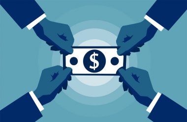 Para kağıt para dolar işareti sembolü için ulaşan dört el. İş ve zenginlik kavram. 