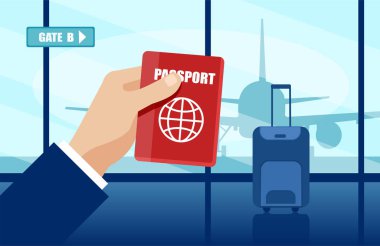 Elinde pasaportu olan bir iş adamının vektörü havaalanında uçuşunu bekliyor.