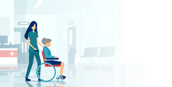 Tekerlekli sandalyedeki yaşlı bir kadına yardım eden bir hemşirenin vekili.. — Stok Vektör