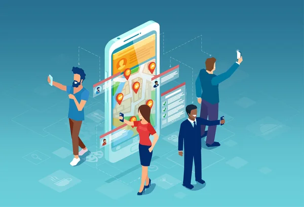 Vecteur de personnes membres de la communauté en ligne partager l'emplacement, check ins, avoir le chat sur l'application smartphone — Image vectorielle