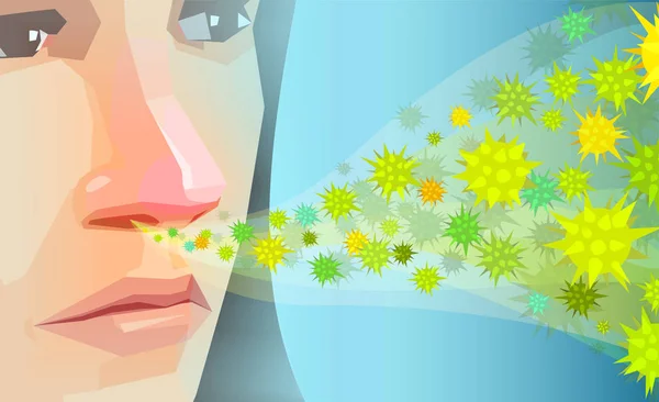 Vector of a woman inhaling pollen, dust hay fever allergens — Stock Vector