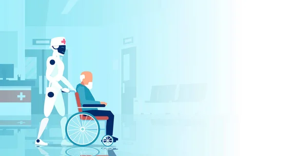 Διάνυσμα ρομπότ που βοηθά ηλικιωμένο ανάπηρο σε αναπηρική καρέκλα — Διανυσματικό Αρχείο